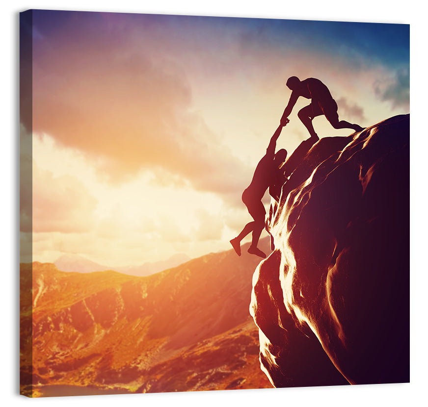Two Hikers Summit Assist at Sunset Wall Art, canvas print, square