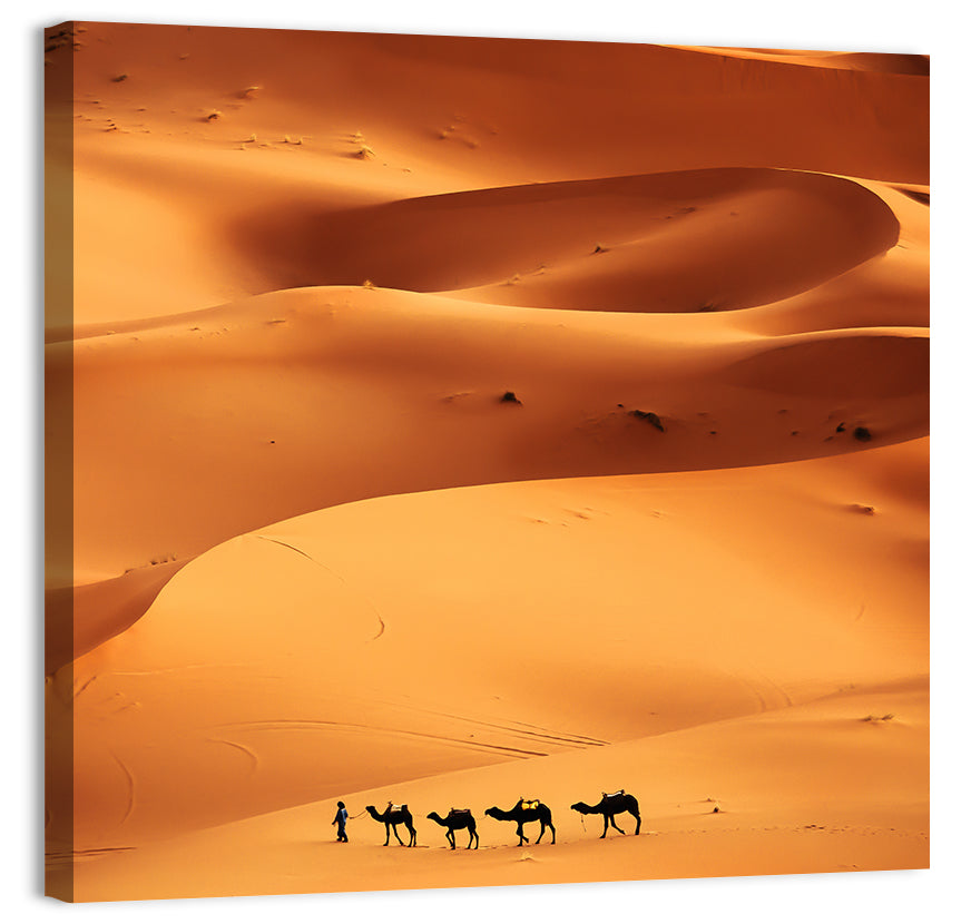 Desert Camel Caravan in Golden Dunes Wall Art, canvas print, square