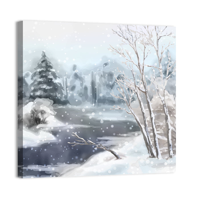 Snowy Stream in Winter Forest Wall Art as a canvas print