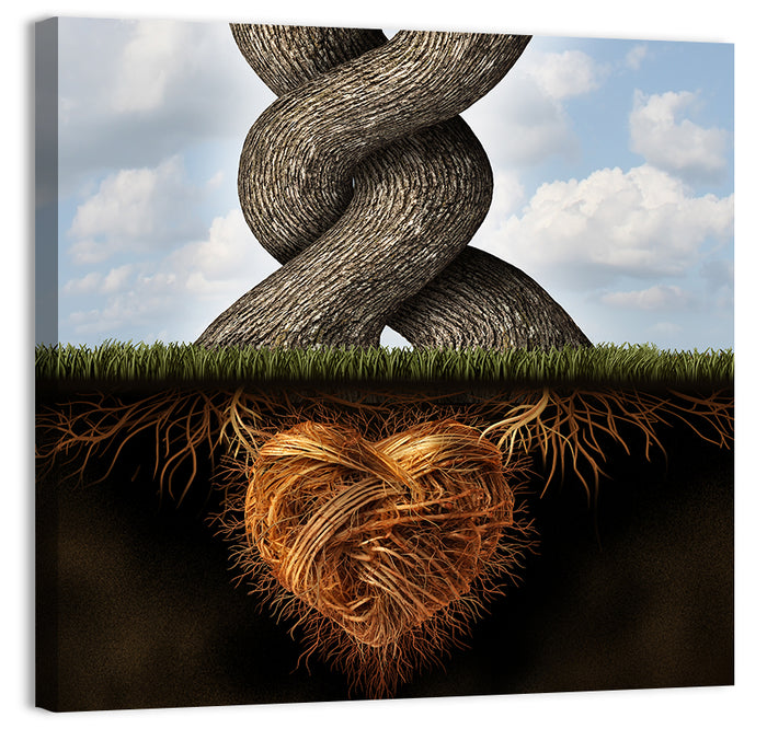 Intertwined Trees with Heart-shaped Roots Wall Art as a canvas print