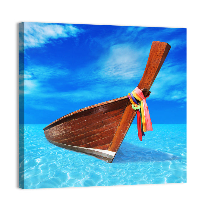 Long-tail Boat in Blue Sea Wall Art as a canvas print
