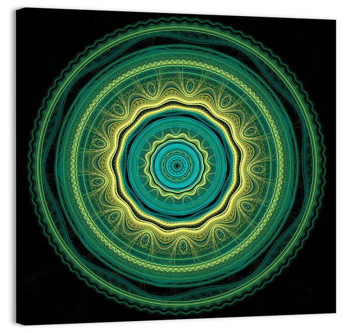 Hypnotic Teal Glow Mandala Wall Art as a canvas print