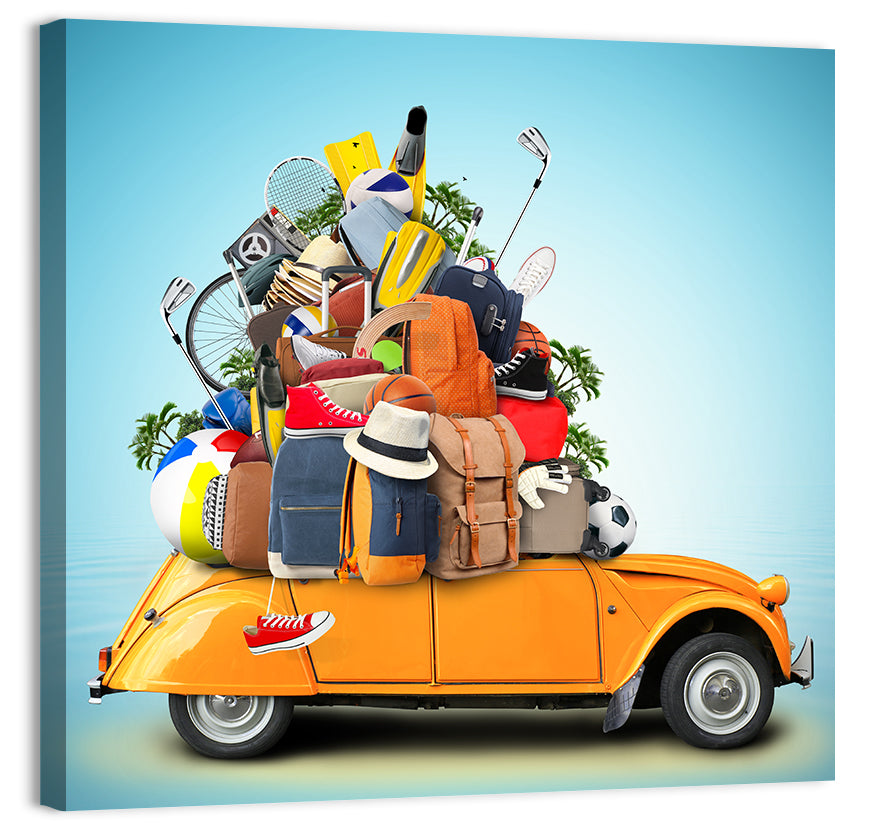 Orange Vintage Car Road Trip Getaway Wall Art, canvas print, square