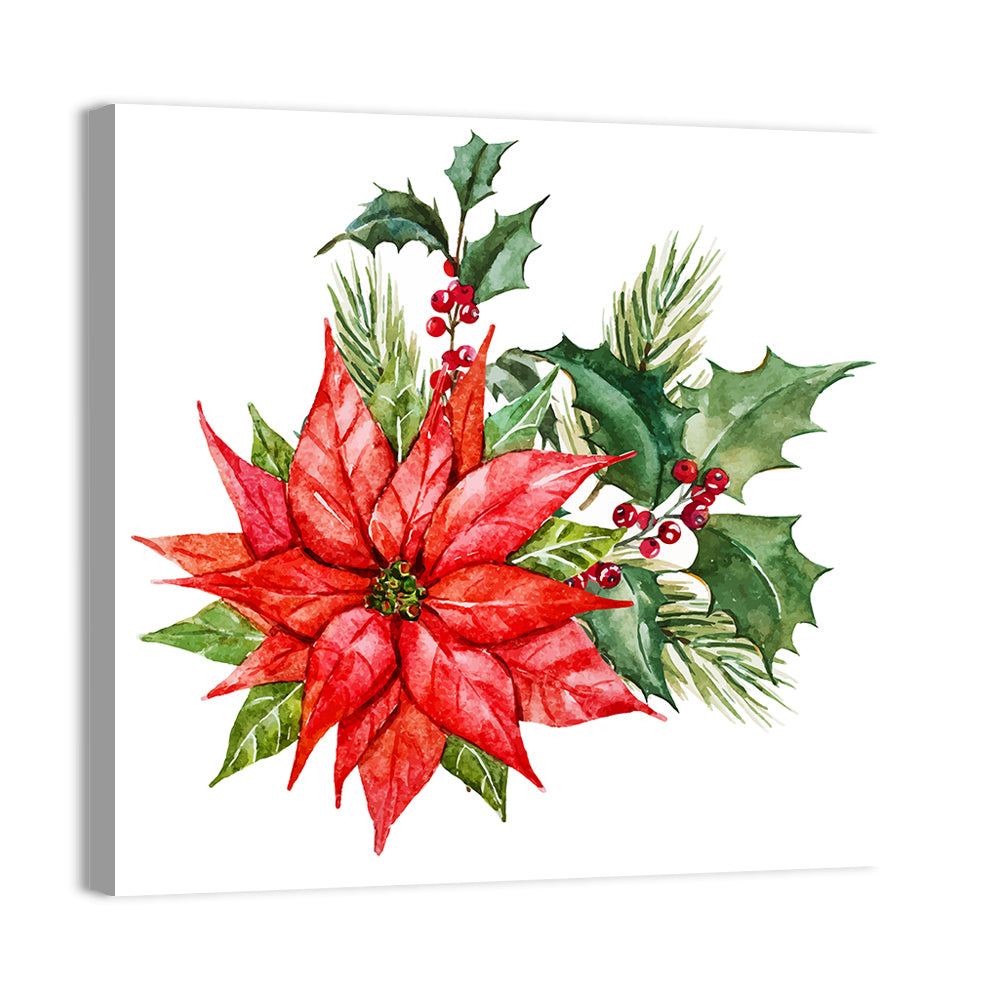 Christmas Poinsettia Watercolor Wall Art, canvas print, square