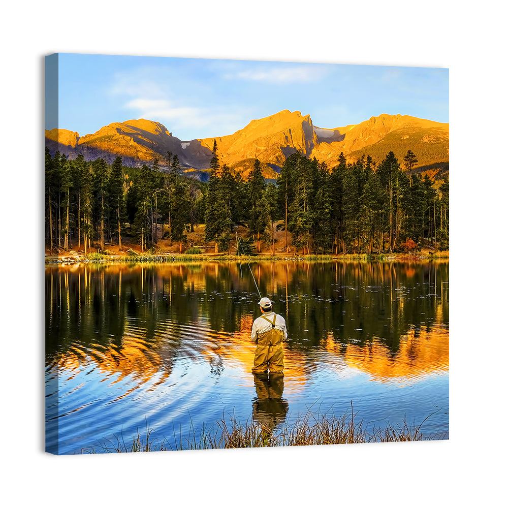 Sunrise Fishing at Sprague Lake Wall Art, canvas print, square