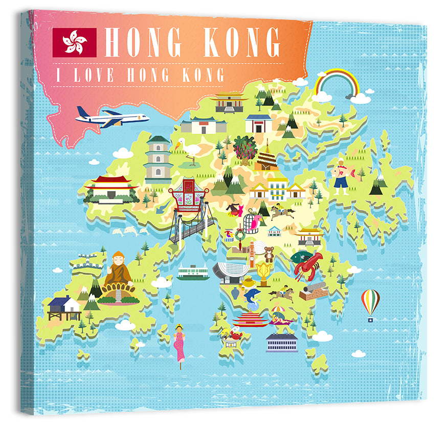 I Love Hong Kong Illustrated Cultural Map Wall Art, canvas print, square