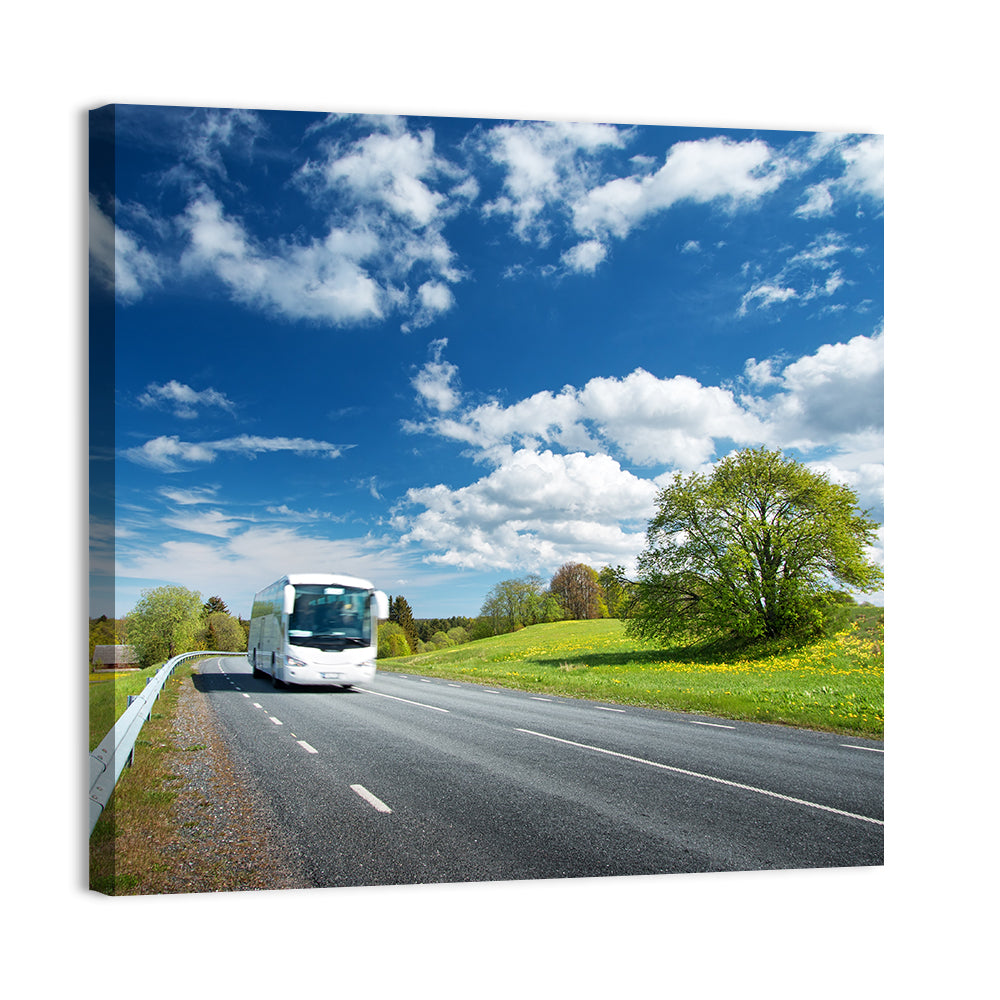 White Bus on Meadow Road Wall Art, canvas print, square
