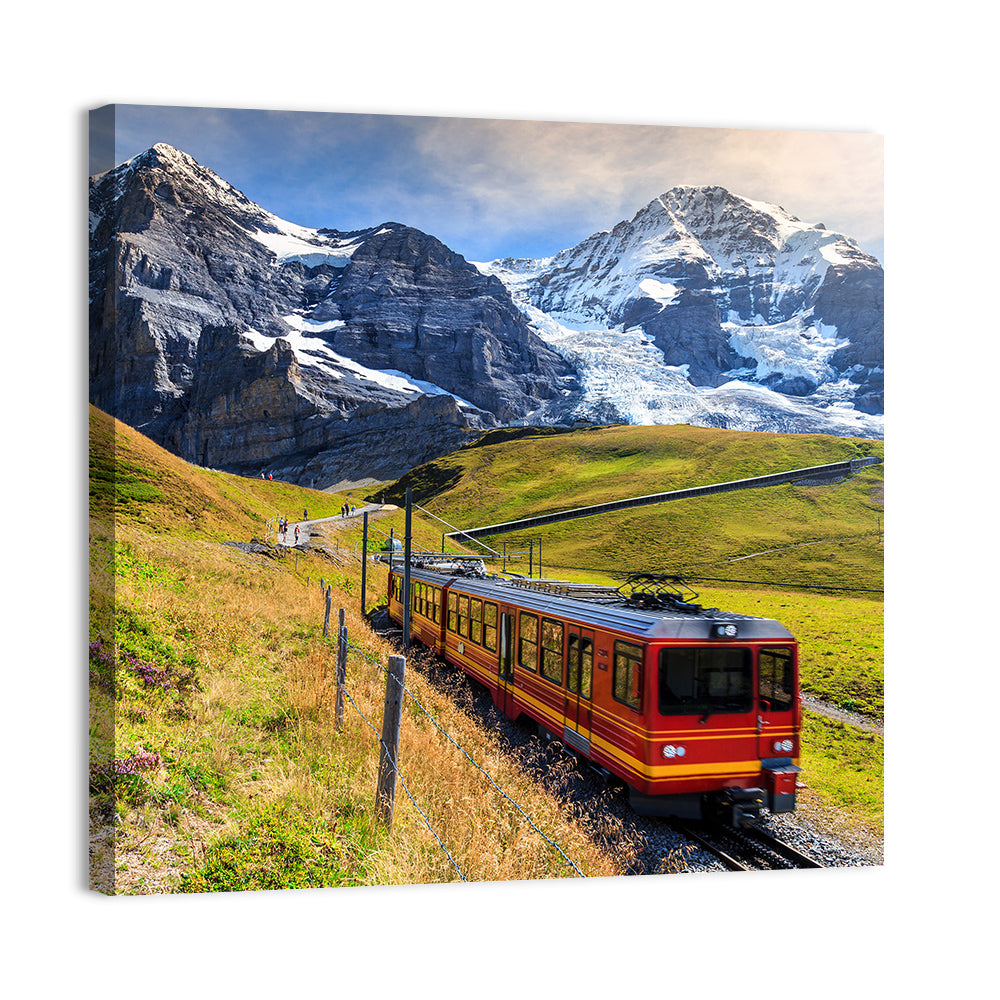 Red Alpine Train at Eiger Wall Art, canvas print, square