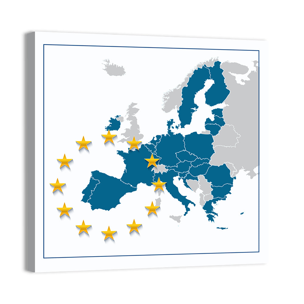 European Union Map with Stars Wall Art, canvas print, square