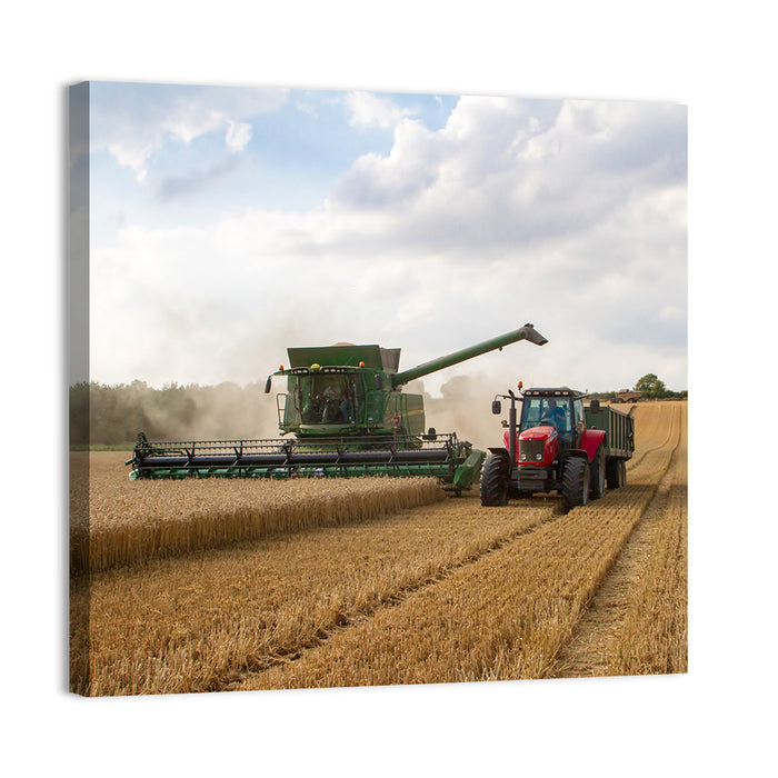 Wheat Harvest with Combine and Tractor Wall Art as a canvas print