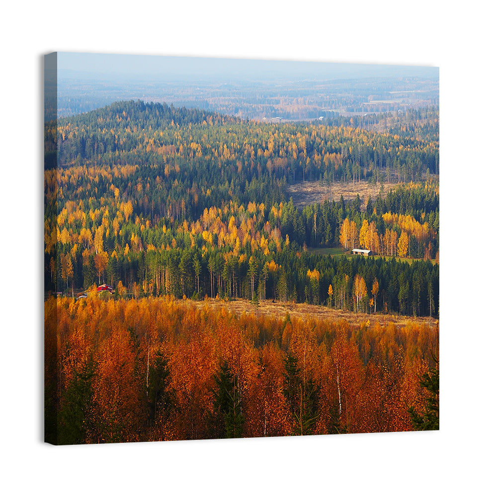 Finnish Autumn Landscape with Red-roofed House Wall Art, canvas print, square