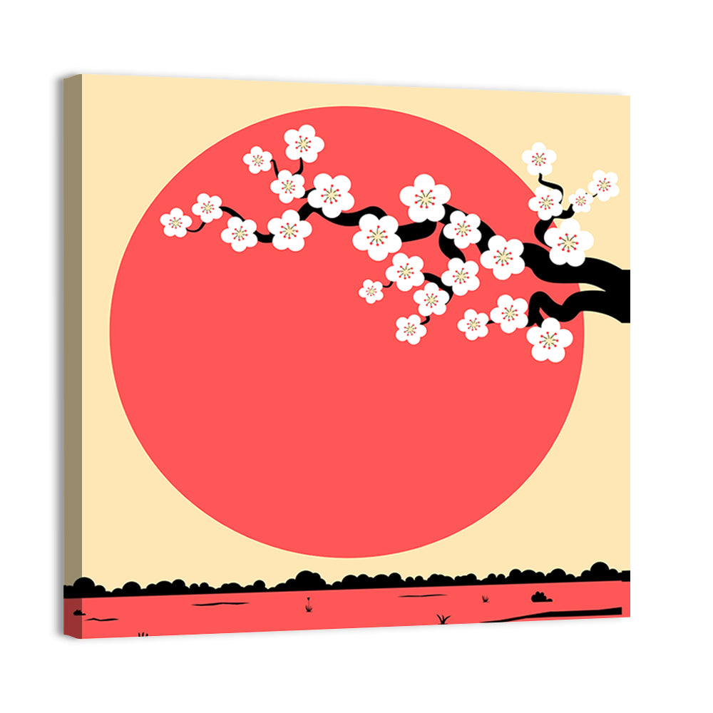 Cherry Blossom with Red Sun Wall Art, canvas print, square