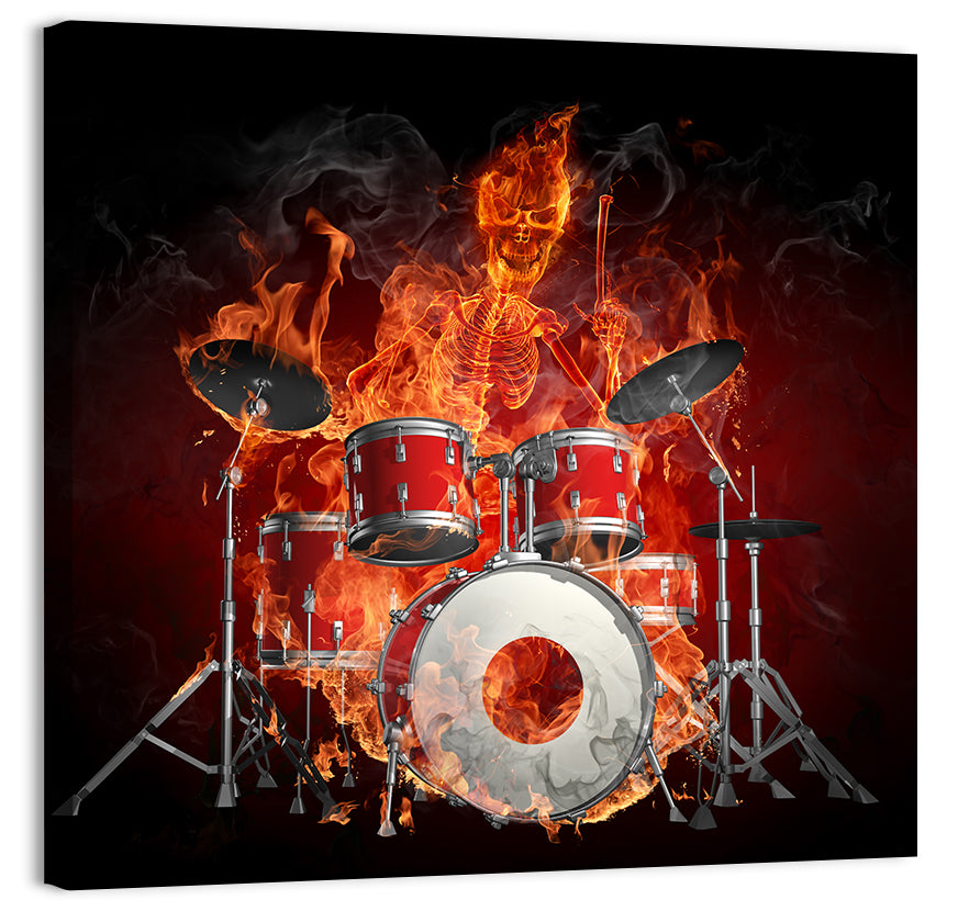 Flaming Skeleton Drummer Wall Art, canvas print, square