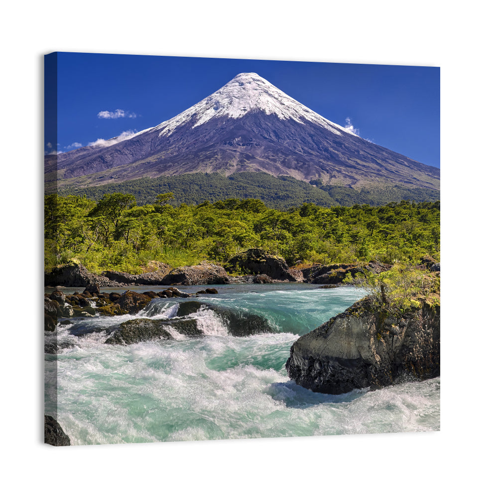 Osorno Volcano Over Petrohue Rapids Wall Art, canvas print, square