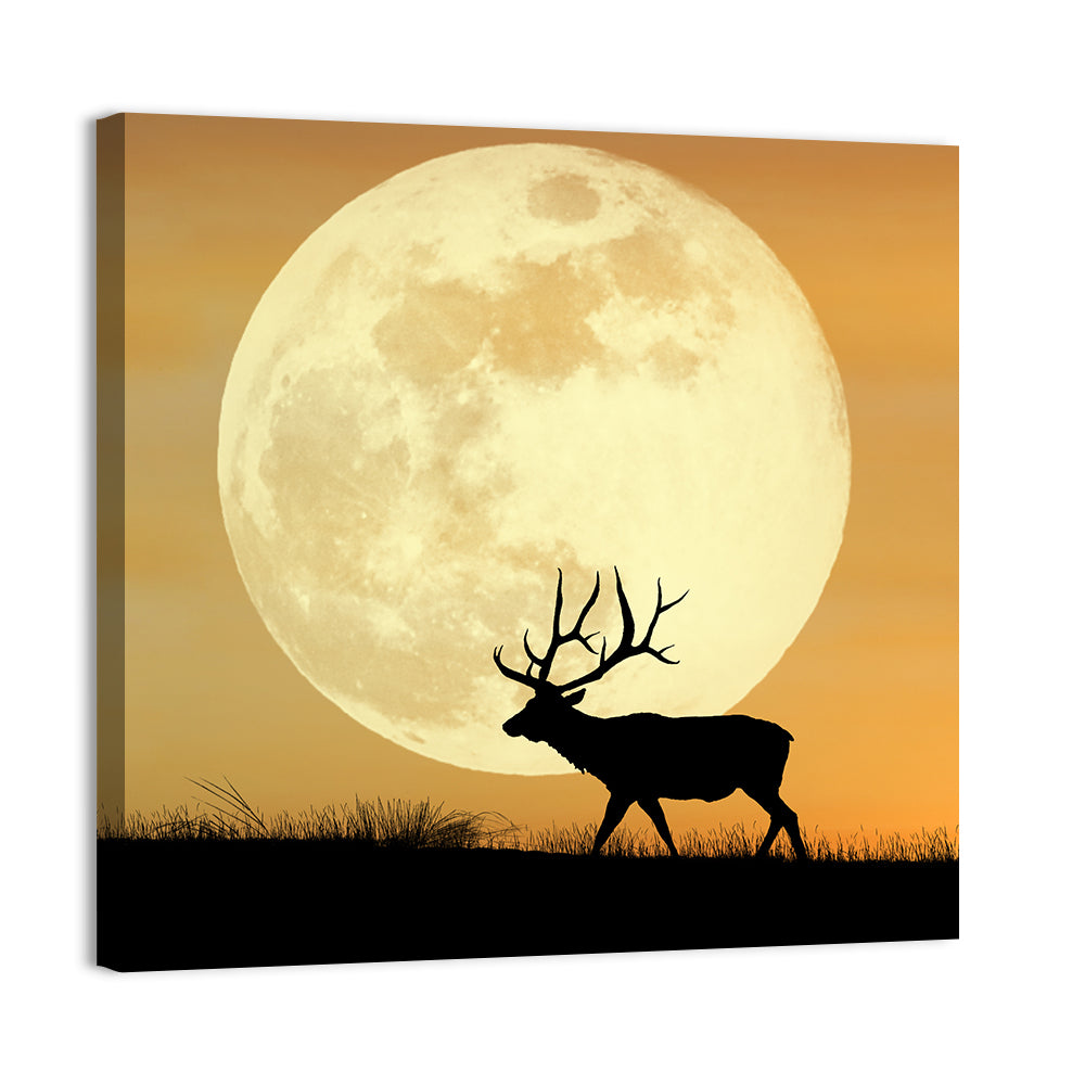 Bull Elk Silhouette Under Supermoon Wall Art, canvas print, square