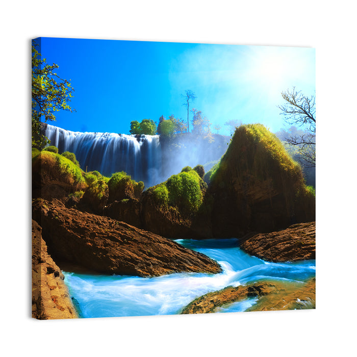Sunlit Turquoise Waterfall Wall Art as a canvas print