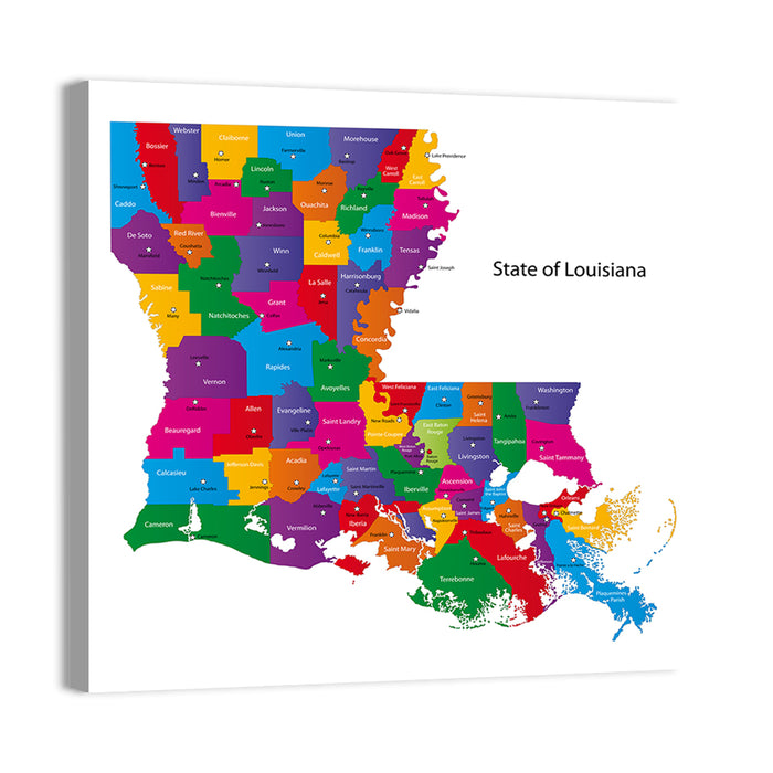 Colorful Louisiana Parish Map Wall Art as a canvas print