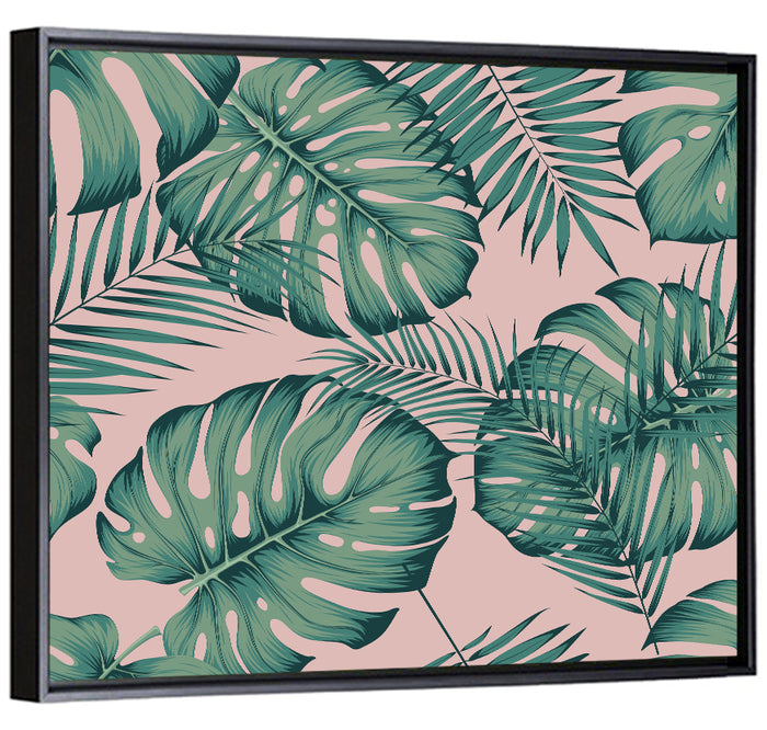 Areca Palm and Monstera Leaves Wall Art as a framed canvas