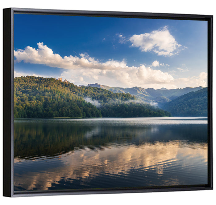 Golden Mist Mountain Lake Wall Art as a framed canvas