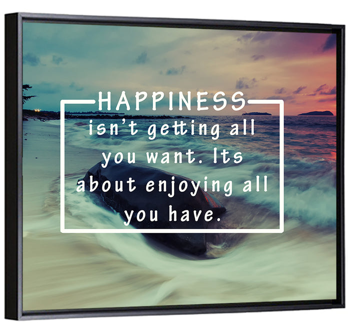 Happiness Quote on Sunset Beach Wall Art as a framed canvas