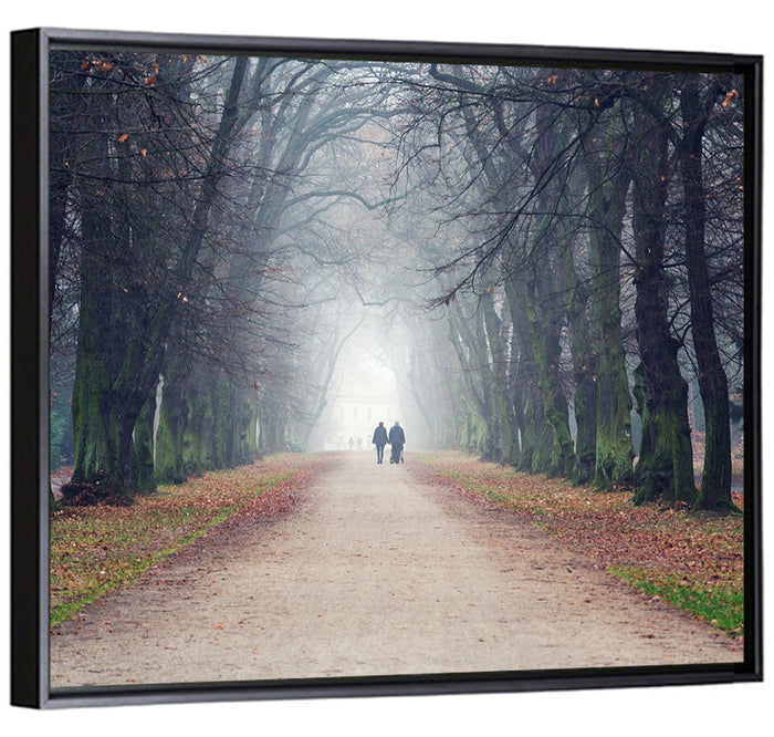 Foggy Tree Lined Walkway in Autumn Wall Art as a framed canvas