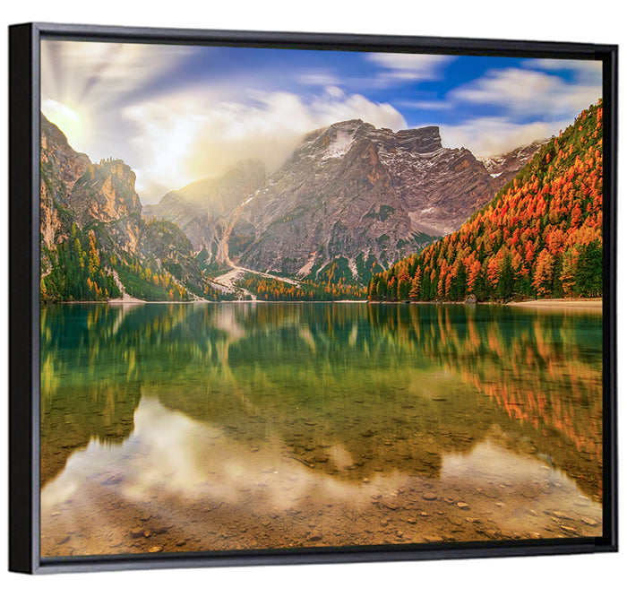 Lago Di Braies Sunrise Wall Art as a framed canvas