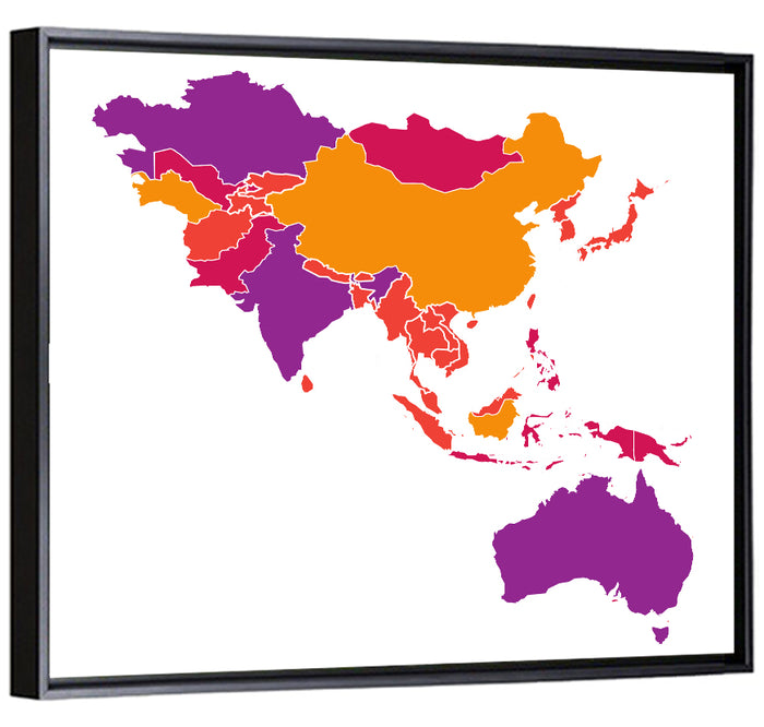 Stylized Asia Pacific Map Wall Art as a framed canvas