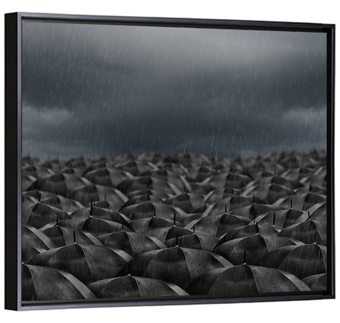 Clustered Umbrellas in Rain Wall Art as a framed canvas