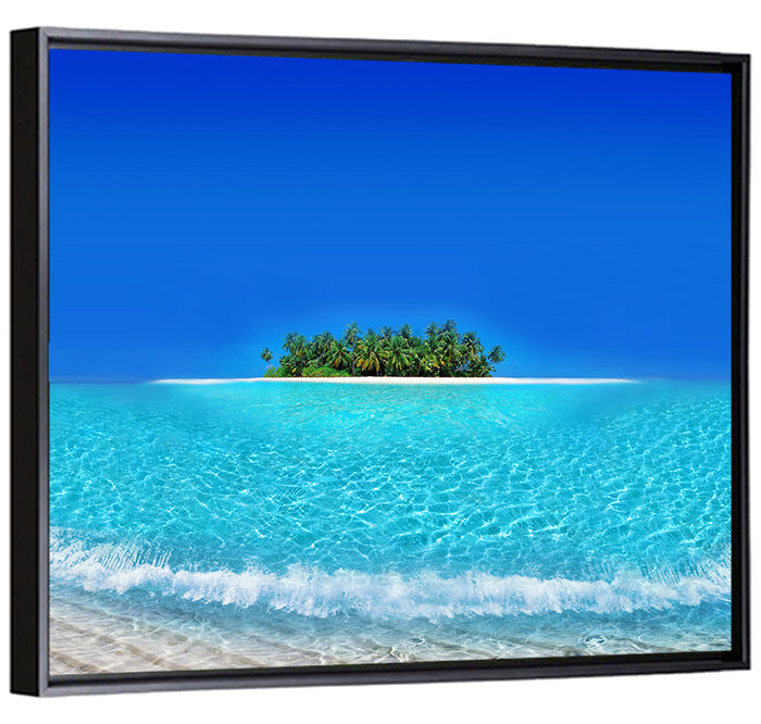 Turquoise Atoll Sandbar with Palm Trees Wall Art as a framed canvas