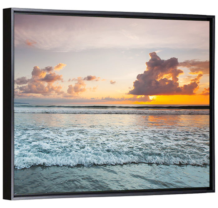 Golden Hour Beach Sunset Surf Wall Art as a framed canvas