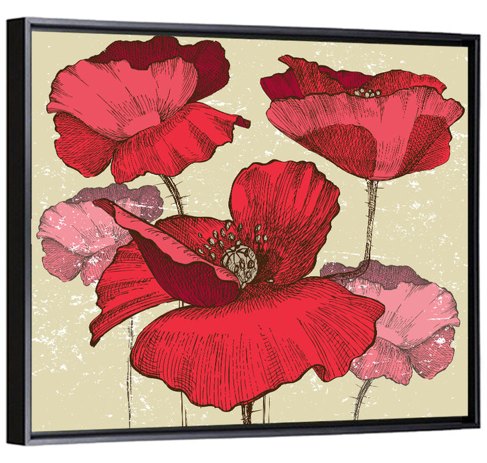 Vintage Poppy Illustration Wall Art as a framed canvas