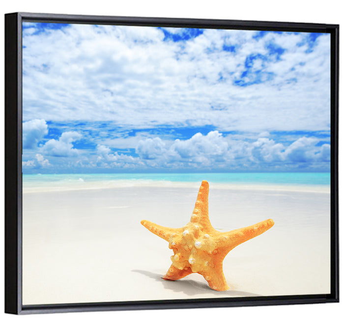 Minimalist Yellow Starfish on Turquoise Shore Wall Art as a framed canvas