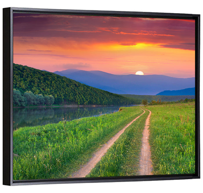 Sunset Path to Mountain Lake Wall Art as a framed canvas