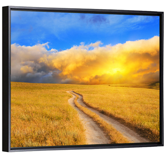 Sunlit Meadow Path with Dramatic Clouds Wall Art as a framed canvas