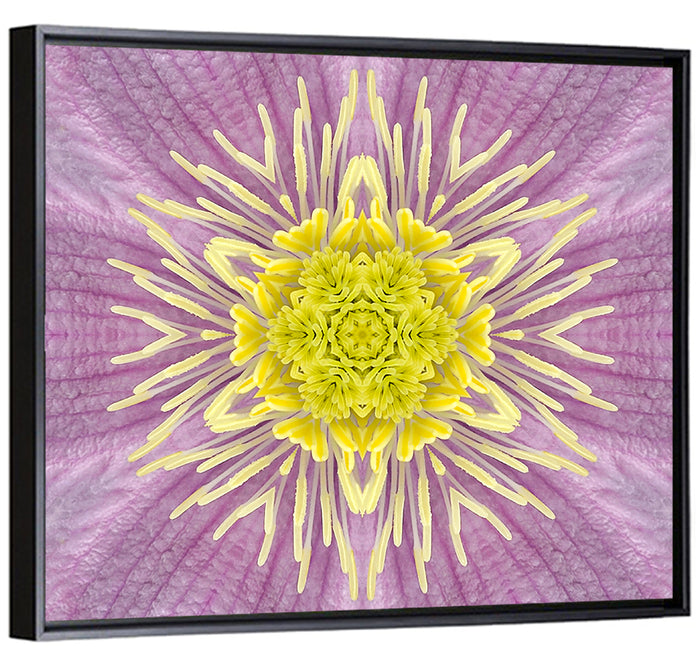 Kaleidoscopic Floral Mandala in Purple and Yellow Wall Art as a framed canvas