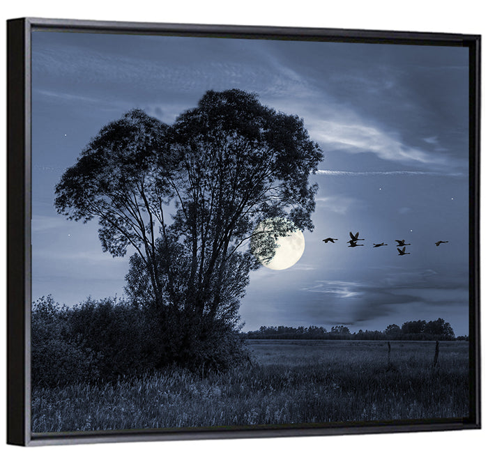 Moonlit Birds Over Quiet Field Wall Art as a framed canvas