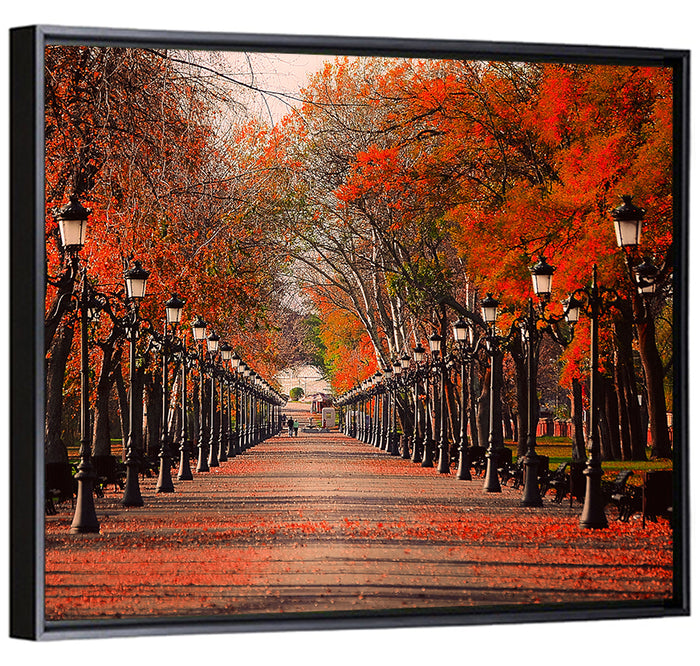 Autumn Park Path with Vintage Lampposts Wall Art as a framed canvas