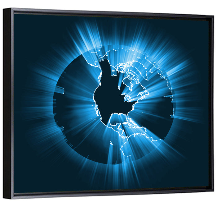 Glowing North America Globe Wall Art as a framed canvas