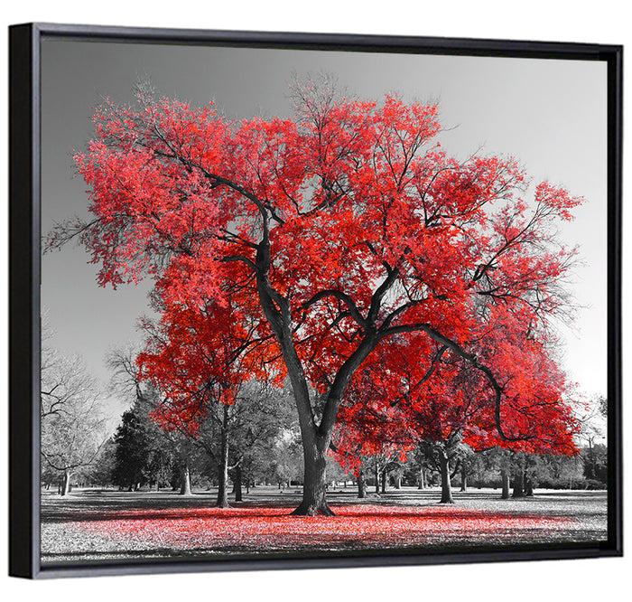 Winter Tree with Red Leaves Wall Art as a framed canvas
