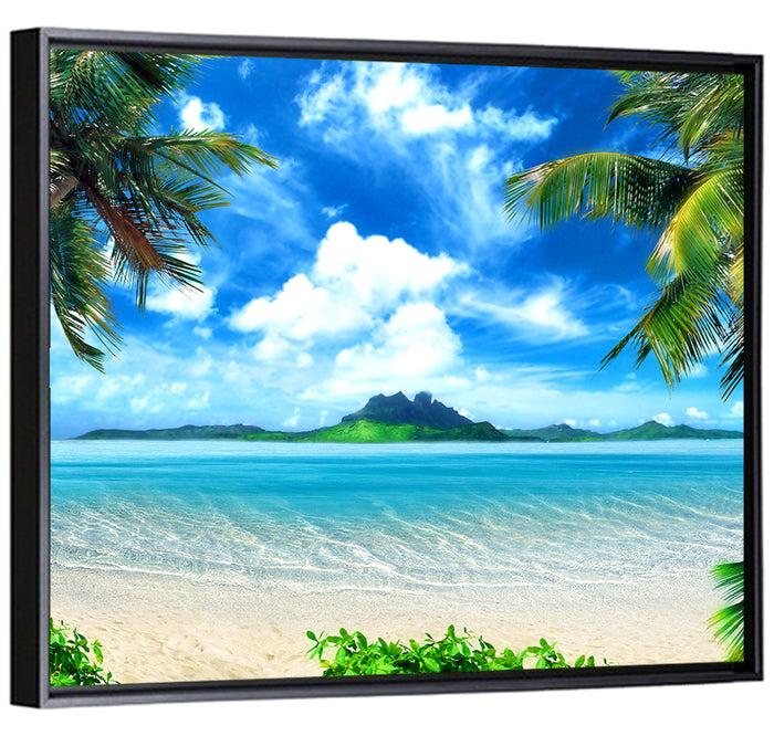 Palm-framed Tropical Island Beach Wall Art as a framed canvas