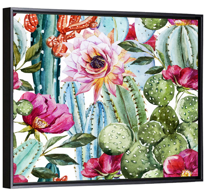 Watercolor Cactus Pattern Wall Art as a framed canvas