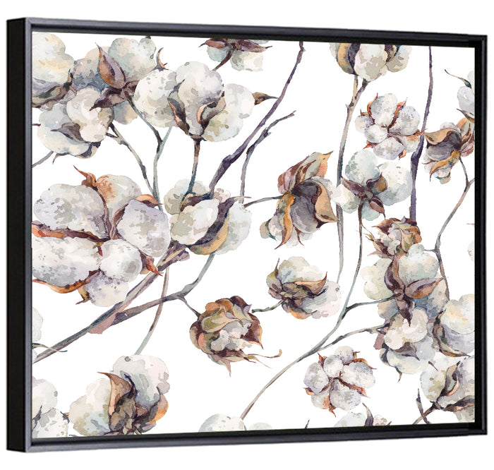Watercolor Cotton Bolls Wall Art as a framed canvas