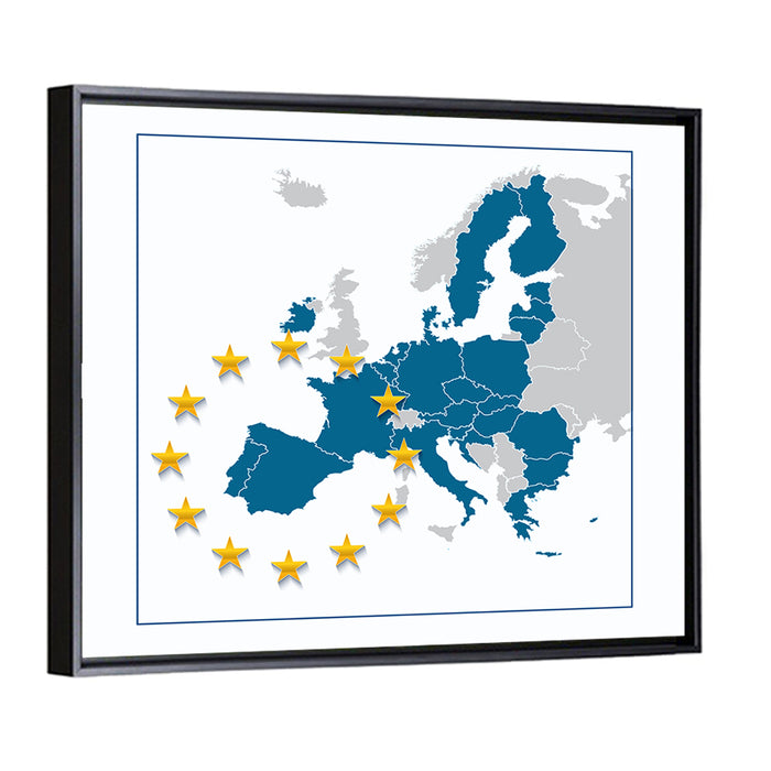 European Union Map with Stars Wall Art as a framed canvas
