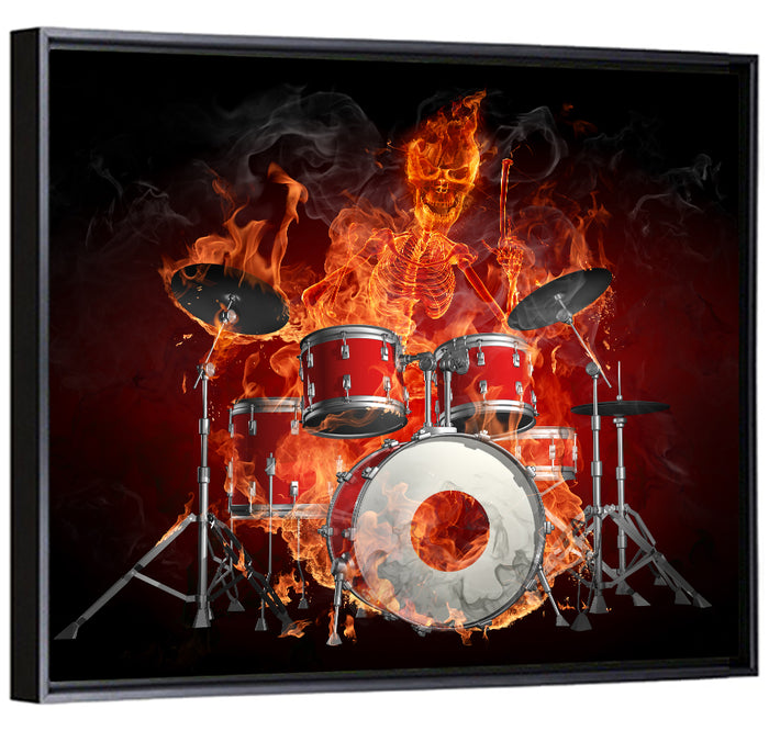 Flaming Skeleton Drummer Wall Art as a framed canvas