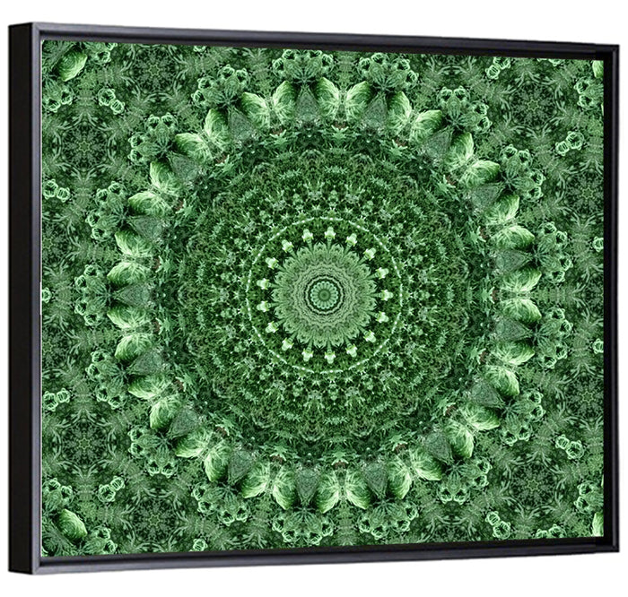 Green Botanical Kaleidoscope Mandala Wall Art as a framed canvas