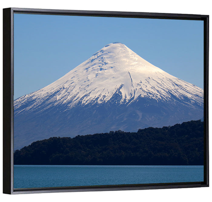 Snow-capped Osorno Volcano Over Lake Wall Art as a framed canvas