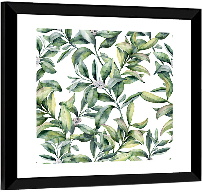 Snowberry Leaves Pattern Wall Art as a framed print