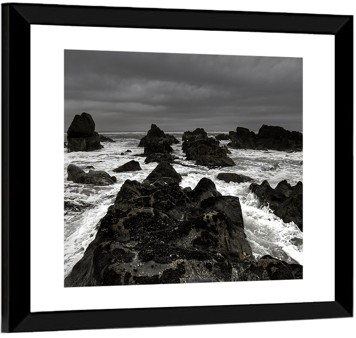Moody Black and White Rocky Coast Waves Wall Art as a framed print