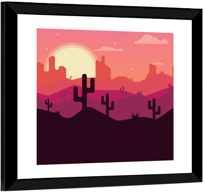 Desert Sunset with Saguaro Silhouettes Wall Art as a framed print