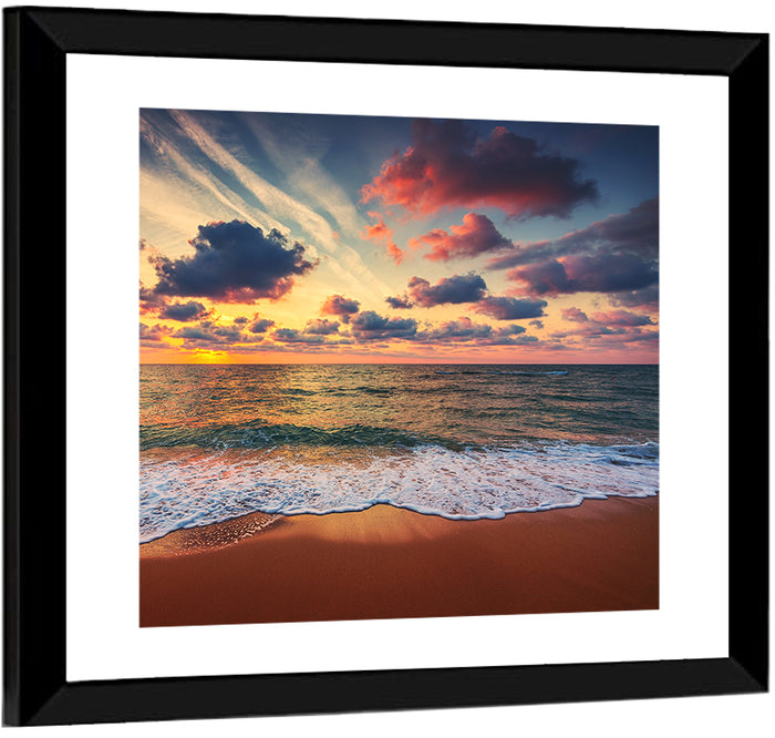 Golden Hour Beach Waves Under Cloudy Sky Wall Art as a framed print